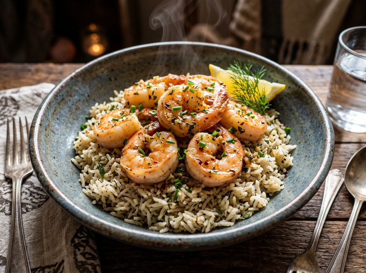 Camarões Salteados Suculentos com Arroz Aromático