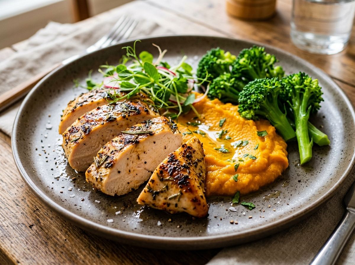 Frango Grelhado com Ervas e Purê de Abóbora
